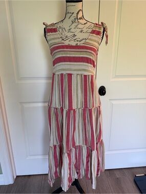 Faherty Red & Cream Striped Tie-Shoulder Tiered Maxi Dress